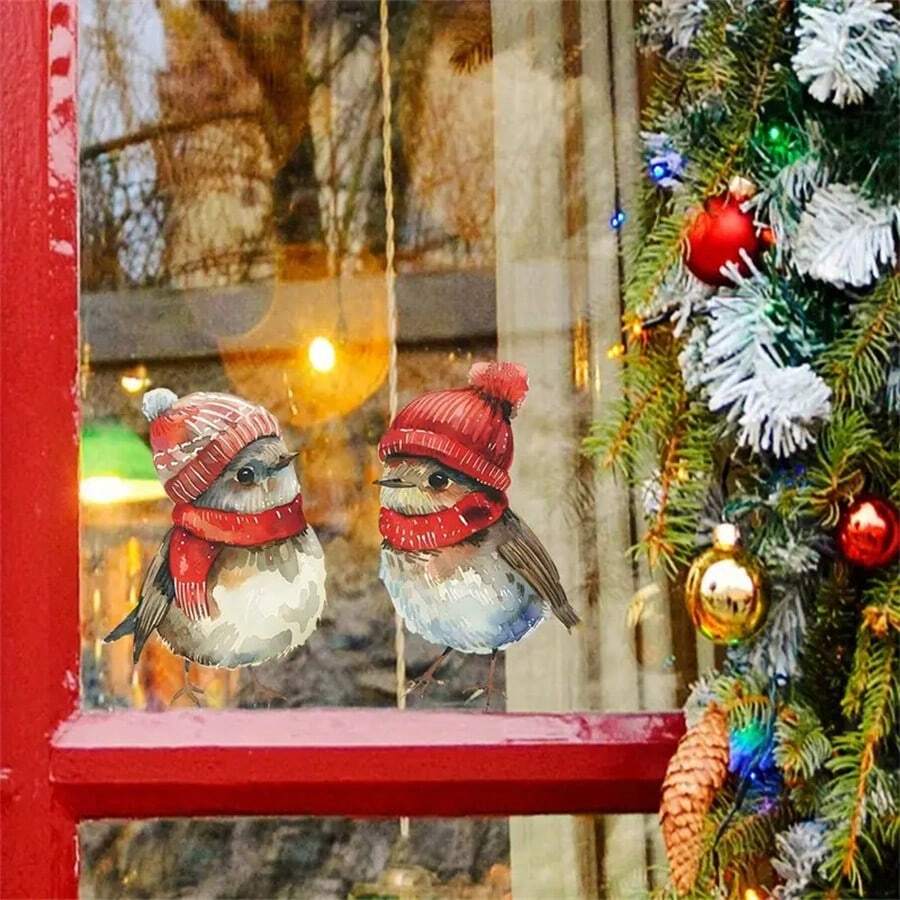 1 pièce Sticker mural de maison d'oiseau, décoration murale de Noël, sticker de fenêtre en verre d'atmosphère d'oiseau avec chapeau de Noël, sticker statique pour salon, chambre à coucher, décoration de pièce, décoration de chambre, décoration de cuisine, décoration murale