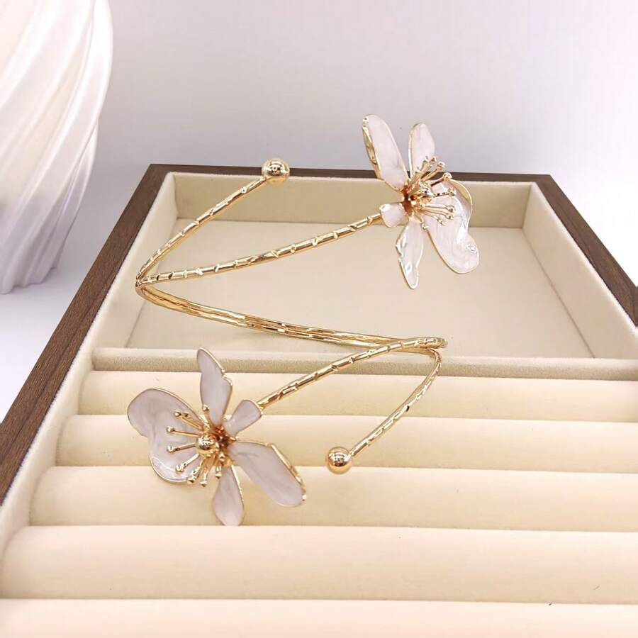 1 pezzo Bracciale in lega di ferro con doppia testa, smaltato con motivo floreale, braccialetto elegante e minimalista, adatto come regalo per la festa della mamma, per feste e per uso quotidiano