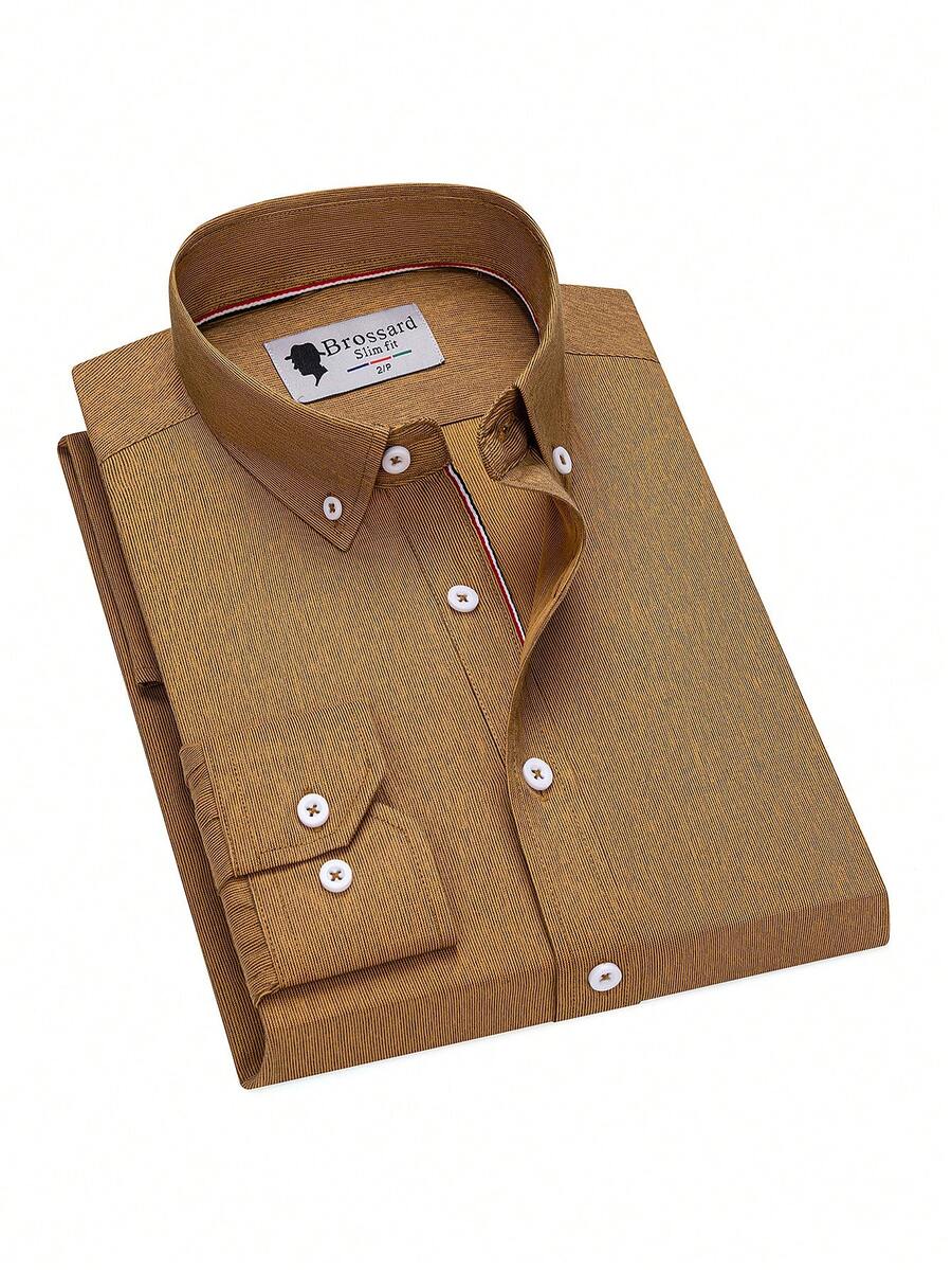 Men's Dress Shirt, 55% Polyester And 45% Cotton Blend, Professional Casual Shirt, High Quality, Wrinkle-Free, Does Not Require Ironing. - 棕色 - 查看 1