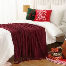 Burgundy Chenille Throw Blanket For Couch, Decorative Fringe Velvety Red Blankets For Sofa Bed,Soft Cozy Knit Throws With Tassels,Christmas Decor, 50"X60" - Màu Đỏ Sâu - Xem 7