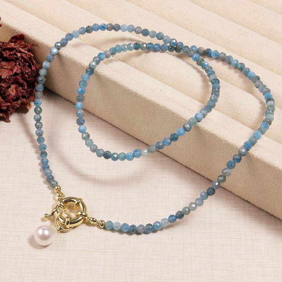 1 pieza Collar con colgante de estilo bohemio de piedra natural, apatita azul facetada de 3 mm, perla asimétrica falsa, hecho de materiales naturales, adecuado para el estilo de vacaciones y el uso casual diario, y como regalo para reuniones con amigos
