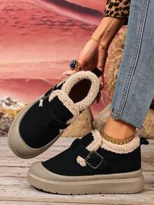 1 Pair Fashionable Korean Style Women's Snow Boots, Buckle Design, Low-Top Short Plush, Outdoor Snow Boots, Cold-Resistant, Anti-Slip, Wear-Resistant, Winter - Black - View 3
