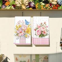 1set/2pcs/100pcs Flower And Pink Checkered Pattern Kitchen Towels And Dishcloths Are Suitable For Interior Decoration In Restaurants, Kitchens And Bathrooms, Party Decoration, Festival Gifts, And Can Also Be Given As Presents - Multicolor - View 5