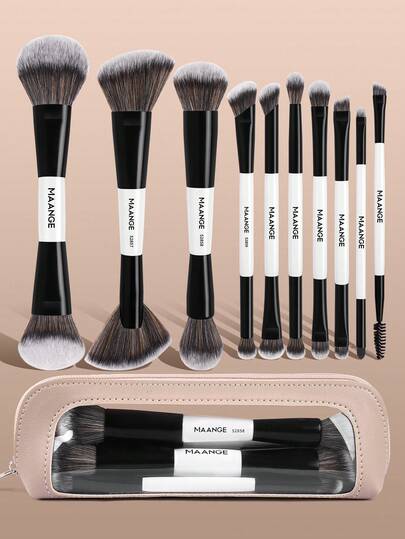 MAANGE Set de 3/10 piezas de brochas de maquillaje profesionales de doble uso, incluye bolsa de maquillaje, brocha angular para base, brocha para contorno, brocha para rubor, brocha para polvo, brocha para sombra de ojos, brocha para corrector, brocha para iluminador, brocha difuminadora, cerdas suaves, portátil, set de viaje, regalo para mujeres/niñas