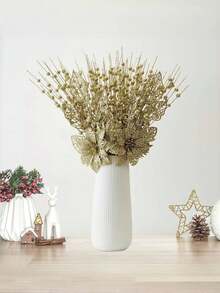 Juego de 5 piezas para decoración de árbol de Navidad, adornos navideños dorados, ramas artificiales con flores de glitter y bayas, ramas con tallos de flores de glitter doradas, adecuado para decoración de árbol de Navidad, regalo, jarrón pequeño, decoración del hogar, fiesta de boda y decoración navideña de invierno