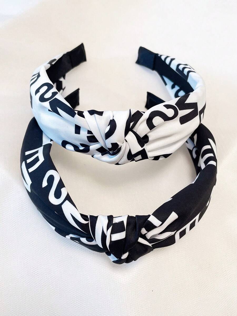 2pcs/Set Women's Black & White Letter & Number Fabric Twist Headband, Simple Hair Accessories Suitable For Daily Use, Autumn/Winter, Hair Band, Hair Hoop