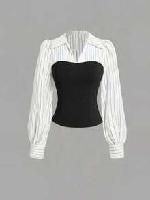 Women's Thin Striped Patchwork Elegant Casual 2-Piece Set, Long Sleeve Top And Pants, Suitable For Office And Home, Spring/Summer/Autumn