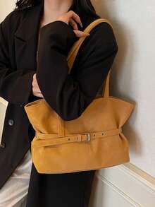 Women's Large Capacity One Shoulder Tote Bag, Strap Decor Retro Bucket Bag, Popular Vintage Solid Color Suede Matte, Suitable For Travel, Shopping, Commuting, Versatile