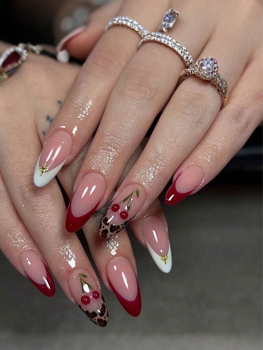 24 pezzi Unghie finte con stampa autunnale e invernale a ciliegia e leopardo, a forma di mandorla, adatte per feste, balli e uso quotidiano di donne e ragazze, rimovibili e riutilizzabili