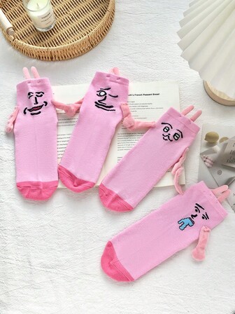 4双可爱图案中筒袜，柔软舒适，眼睛设计生动，男女皆宜，休闲运动袜，仅限手洗，舒适情侣创意礼物