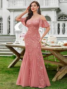 MIUSOL 亮片花卉蕾丝露肩荷叶袖撞色网纱鱼尾晚宴派对长裙，优雅女士派对礼服，正式晚礼服，舞会礼服，适合婚礼宾客、毕业典礼、晚宴、情人节等场合。 - 藕粉色 - 查看 6