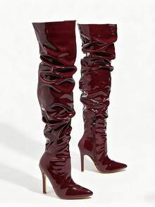 Women's Slim Stiletto Heel Brown Boots, Sexy Party Dance Pants Boots, Wide Leg Boots, Pleated Boots, Over-The-Knee Boots, Autumn/Spring Shoes Spring Break Easter - 酒紅色 - 查看 4