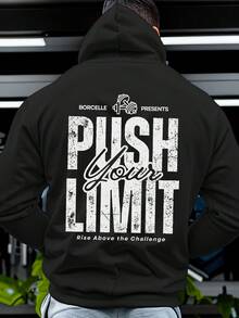 男士運動休閒抽繩運動衫，BORCELLE啞鈴 PRESENTS PUSH YOUR LIMIT Rise Above The Challenge 印花，運動衛衣 - 黑色 - 查看 1