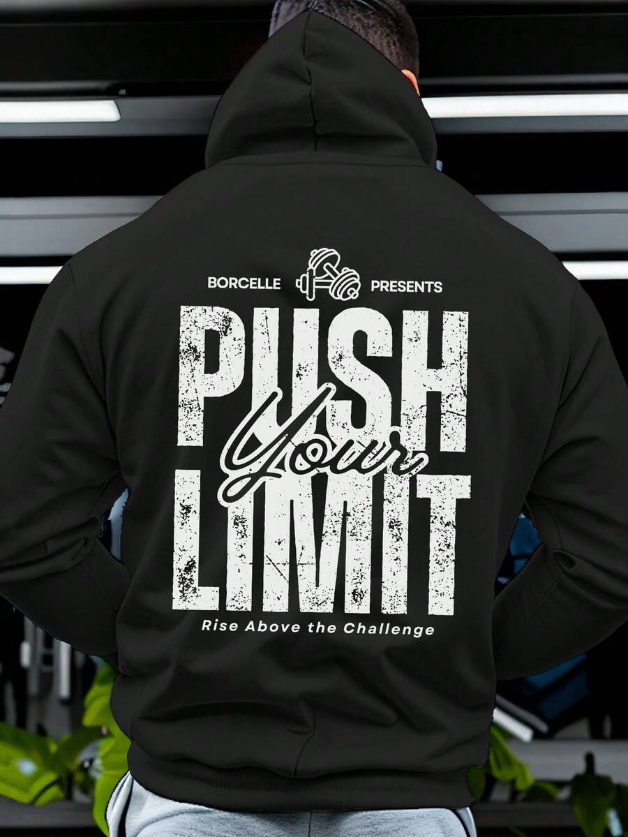 男士運動休閒抽繩運動衫,BORCELLE啞鈴 PRESENTS PUSH YOUR LIMIT Rise Above The Challenge 印花,運動衛衣 - 黑色 - 查看 1
