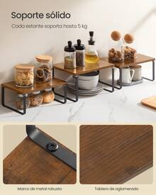 Estante para Especias, Juego de 3, Organizador de Armario, Apilables, Especieros Extensibles, Metal y Madera de Ingeniería, Marrón Rústico y Negro Mate - Marrón - Ver 3