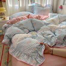 [2025 New Design]Blue White Plaid Bow Duvet Cover Set, Floral Pink Ruffle Bedding, 3Pcs (1 Duvet Cover + 2 Pillowcases, No Inserts) For Women, Single And Double Size, Pillowcase Pattern Random Cut - 藍色 - 查看 6