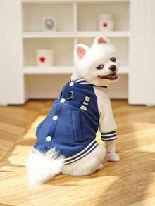 Autumn/Winter Dog Fleece Jacket Outdoor Leash Attached Half Zip Baseball Coat, Suitable For Small Dogs & Cats - Blue - View 7