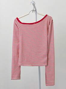 Striped Asymmetrical Shoulder Long Sleeve T-Shirt For Women, Slim Fit Casual Sexy Top
