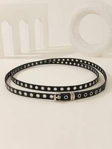 1pc Women's Extra Long Double Layer Casual Punk Retro Metal Eyelet Superlative Waist Belt, Western Cowgirl Style Skinny Leather Belt, Suitable For Daily And Party Outfits - A - View 2