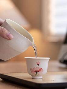 1 pieza/2 piezas Taza de té de cerámica con flores pintadas a mano, Taza de té con brillo del atardecer y mariposa, Taza de té de porcelana rosa femenina, Taza de té con tallo floral romántico, Juego de té Gongfu, Taza de té amada por las hadas, Taza de invitados para el hogar, Adecuada para todas las estaciones