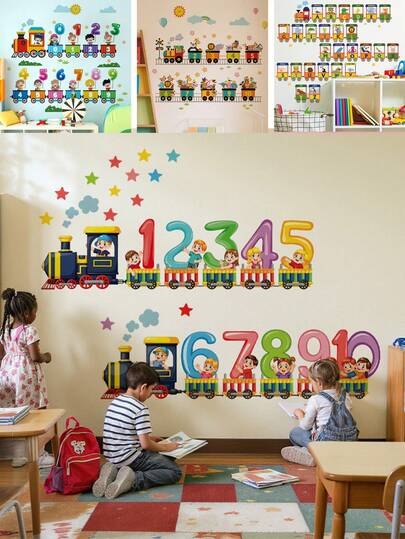 1 ark färgglada väggklistermärken med siffror och tåg, tecknade barn, stjärnor och moln, avtagbara väggklistermärken för barnrum, enkel applicering, pedagogisk matematikinlärningskonst, Halloween-julklapp, skalbar väggkonst