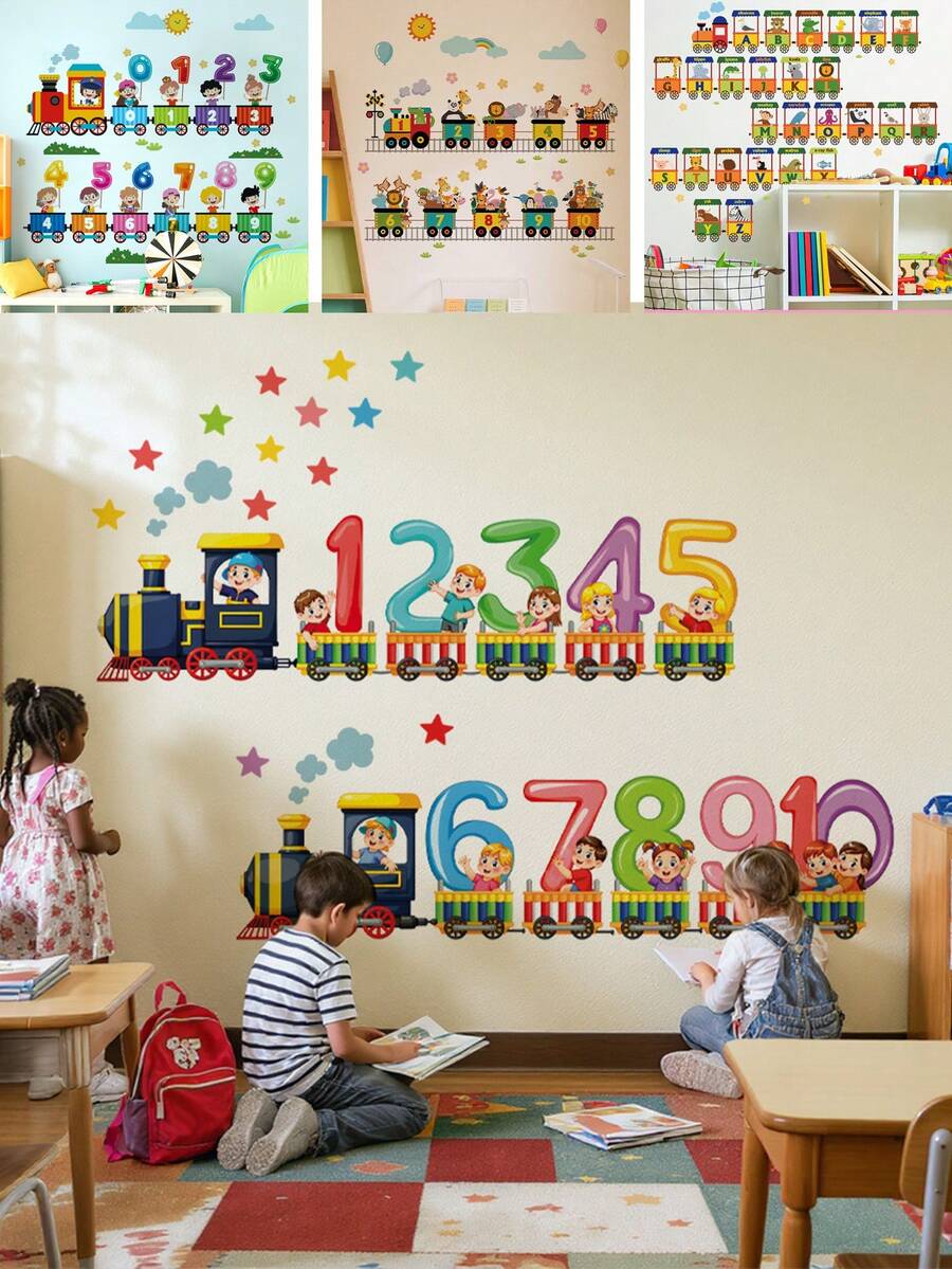 1 张彩色数字火车墙贴，带 1-10 位数字、卡通儿童、星星和云朵，可移除幼儿园贴纸，适用于教室儿童房装饰，易于粘贴，教育数学学习艺术，万圣节圣诞礼物，撕下并粘贴墙壁艺术 - 彩色 - 查看 1