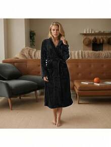 Flannel Plain Weave Hooded Bathrobe, Soft, Comfortable, And Warm Women's Nightgown, Short-Length Terry Cloth Shawl-Collar Bathrobe - 黑色 - 查看 4