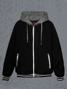 1 Stück Herren minimalistische, bequeme Jacke mit Reißverschluss, Kontrast-Farbdetails, thermisch gefüttert, Kordelzug-Kapuze, Lässig, für Herbst/Winter