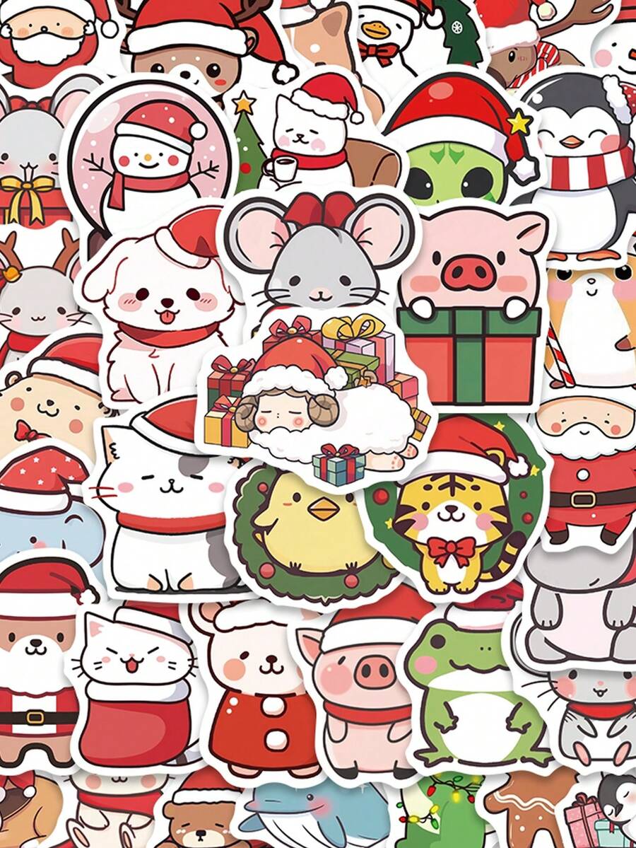 50 Stücke süße Cartoon Weihnachtstier Aufkleber für Wasserflasche, Computer, Gitarre, Skateboard, Telefon, Laptop Dekorationen, Weihnachtsgeschenke für Kinder