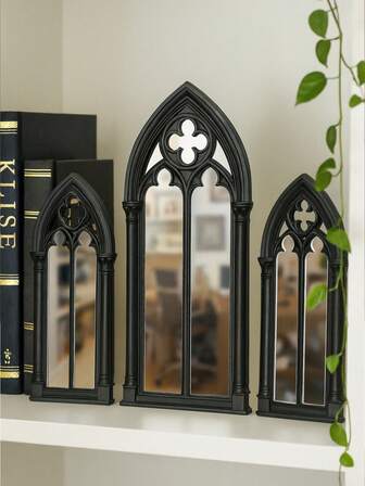 3pcs Gothic Black Arch Window Mirror Bookshelf Decoration, Vintage Wooden Frame Acrylic Mirror, Aesthetic Holiday Decoration Ornaments, Unique Desktop Centerpiece, Suitable For Living Room, Bedroom, Fireplace (Please Tear Off The Mirror Protective Film Before Use)