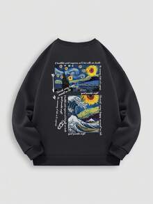 Top da uomo in cotone, top con motivo del cielo stellato di Van Gogh, felpe nere da uomo con spalle scese, felpe oversize larghe e calde in tessuto spesso con scollo rotondo per l'autunno e l'inverno, adatte al freddo