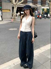 蕾丝修身挂脖无袖上衣，修身 - 白色 - 查看 7