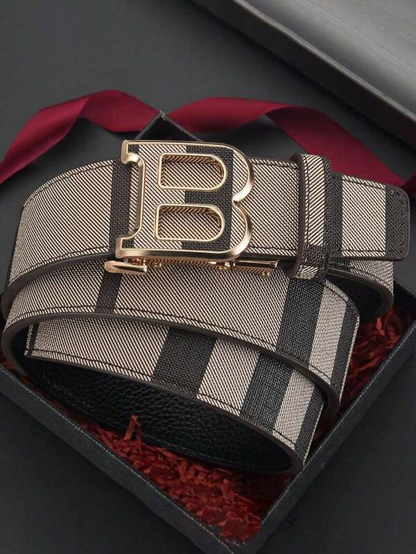 High End Belt, Men's High-End Feel, Business Zinc Alloy Letter Automatic Buckle Belt, Men's Casual Versatile And Simple Pants Belt,Random Cutting Of Patterns(Note: All Do Not Include Storage Boxes)