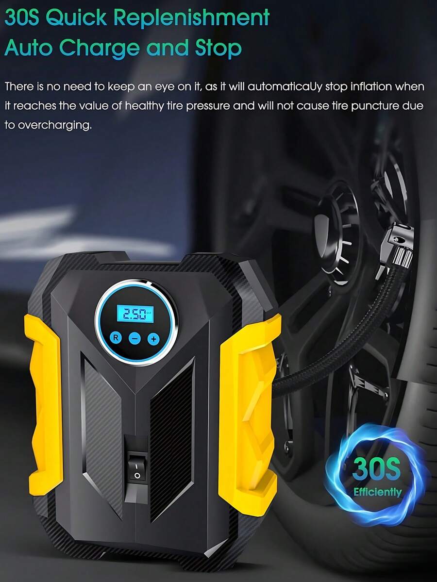 CARSUN Portable Tire Inflator Air Compressor, 150 PSI Cordless Air Pump, 12V DC Car Plug, Fast Inflation & Auto Shut-Off, LED Light, Smart Tire Pump For Cars, Bikes, Motorcycles, And Balls - Yellow - View 1