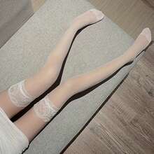 1 Pair Of Black Stockings For Women, Thin White Silk Long Leg Over-The-Knee Socks, Thigh Stockings, Half-Length Pure Desire Lace Fishnet Long Tube Socks