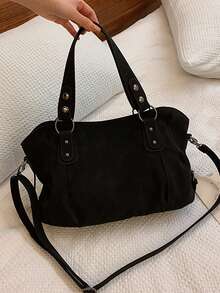 Vintage Minimalist Large Capacity Fashionable Student/Work Commute Tote Bag, Rivet Motorcycle Style Suede-Like Fabric, Handbag & Shoulder Bag For Women Daily Use, Newest Fashionable Suede Bag For Women, Perfectly Matching With Fall Outfits Women, New Arrival Tote Bags For Woman, New Fall Fashion 2025 For Women - Black - View 9