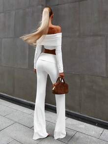 Women's Casual White Off The Shoulder Crop Top And Wide Leg Pants Two Pieces Set Medium Stretch Fabric Spring - White - View 2