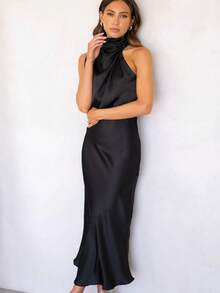 Vestidos De Satén, Vestidos Largos Elegantes Sin Mangas Dama, Alto Elegante De Satén De Alta Gama De Cuello Alto - Negro - Ver 6