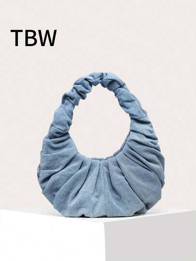 Women's One-Shoulder Ruffled Cloud Bag, Denim Simple Retro Style, Suitable For Outings And Shopping.