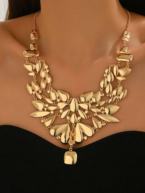 1 pieza Collar declarativo de aleación metálica vintage, collar grueso asimétrico de 3D con gota de agua geométrica en capas, collar de metal brillante para uso diario, fiesta, celebración, uso casual, joyería de mujer