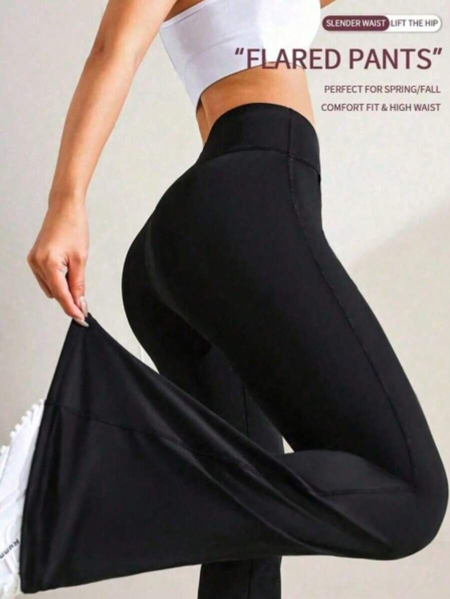 Women's Plus Size Solid High Waist Flare Pants, Yoga Sport Pants, Compression Leggings, Running And Fitness Pants, Women's Clothing, Women's Leggings, Women's Summer Pants - 全黑 - 查看 1