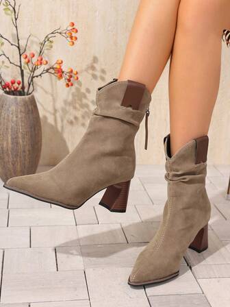 1 par de botas de tobillo con punta puntiaguda y tacón grueso vintage para mujer, con cremallera trasera, de moda y cómodas