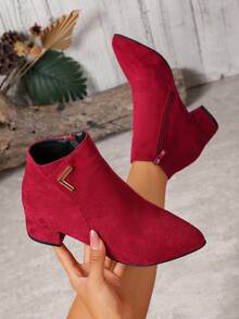 Botas de tobillo de tacón alto grueso con punta puntiaguda de unicolor para mujer - Exterior suave y a la moda, con cremallera lateral, adecuado para otoño/invierno - Burdeos - Ver 6