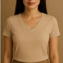 Kit Of 4 Basic V-Neck Short Sleeve Ribbed Blouses - White, Black, Beige, Military Green - View 5