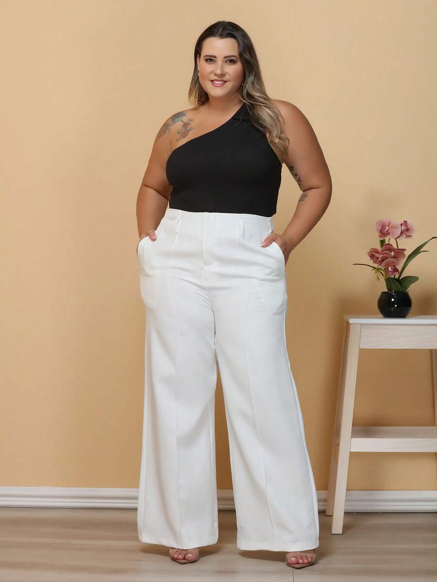 Plus Size Wide Leg Pants, New Fashion Tailored Fabric - White - View 1