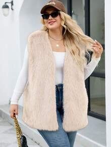 Plus Size Faux Fur Vest Regular Sleeveless V Neck Coat - Apricot - View 3