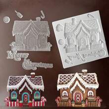 1 pieza Molde de silicona con forma de letra navideña y casa, herramienta para decorar pasteles con fondant, molde de silicona, molde para caramelos, magdalenas y chocolate, accesorios de cocina, herramienta de repostería - Gris Claro - Ver 5