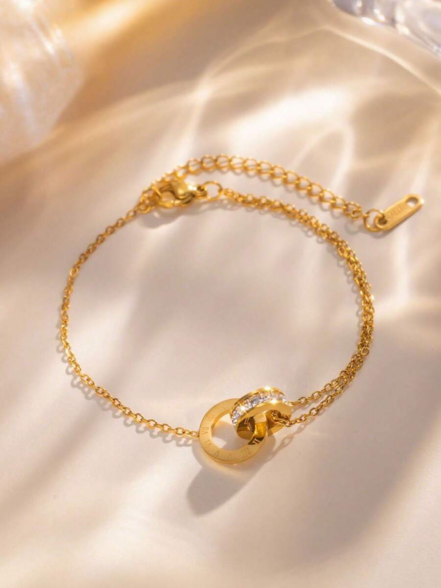 1pc Stainless Steel Fashion Minimalist Versatile Casual Creative Personalized Double-Layer Roman Numeral Bracelet, Suitable For Daily Wear And Gift Giving