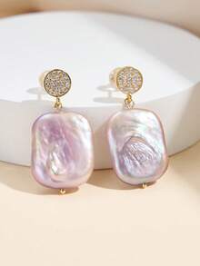 AETOLIA 925 Sterling Silver Baroque Pearl Earrings With Crystal Rhinestones, 14x20mm Rectangular Pearl Drop, Luxury Wedding Party Earrings For Women, Elegant Statement Dangling Ear Jewelry