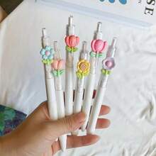 6pcs/Set Floral Design Ballpoint Pens, 0.5mm Black Ink Refill, High Quality Retractable Pens, Cute Stationery Gift For Students, Girls, Back To School Supplies
